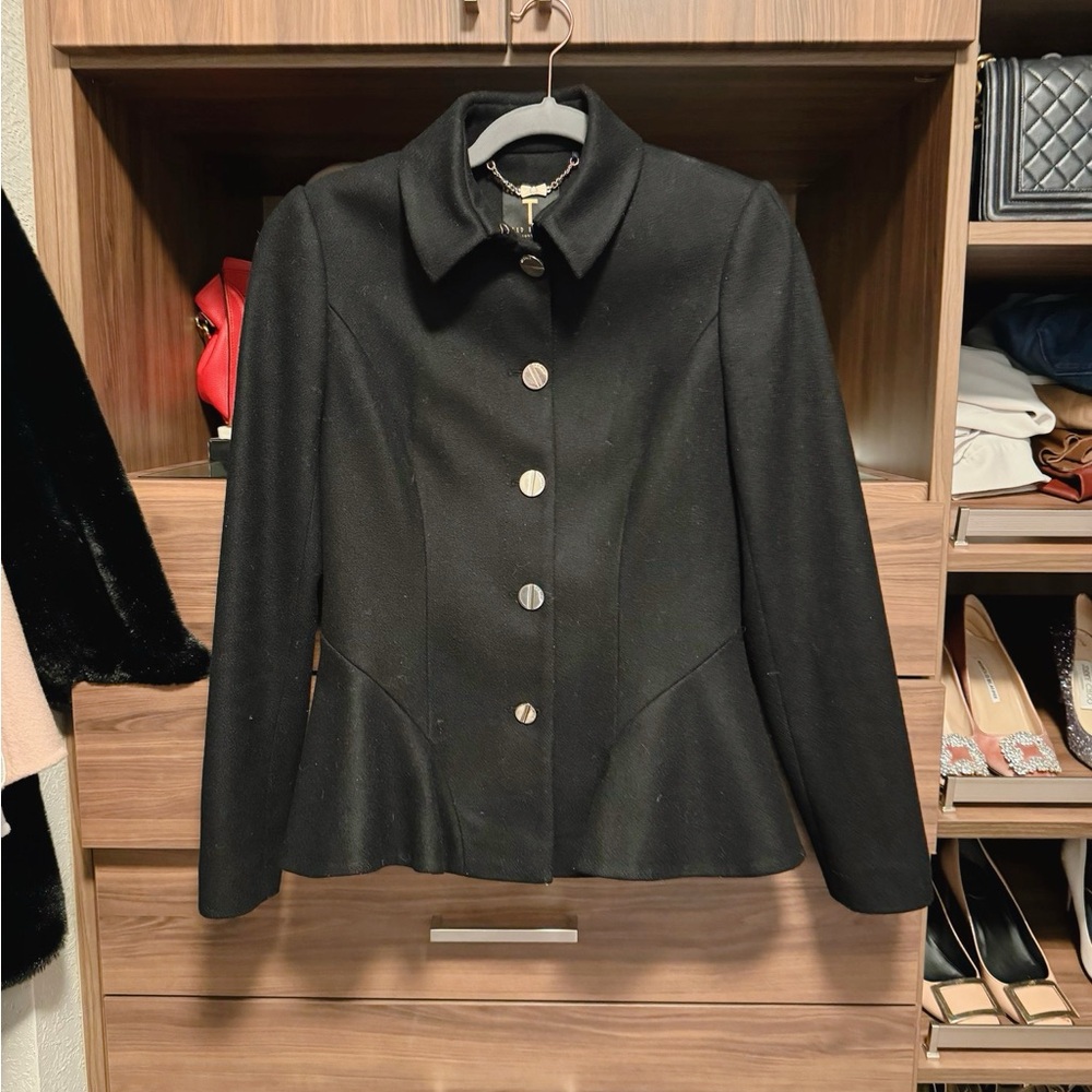 Ted Baker Ruffle Effect Silver Botton Wool/Cashmere Coat in Black